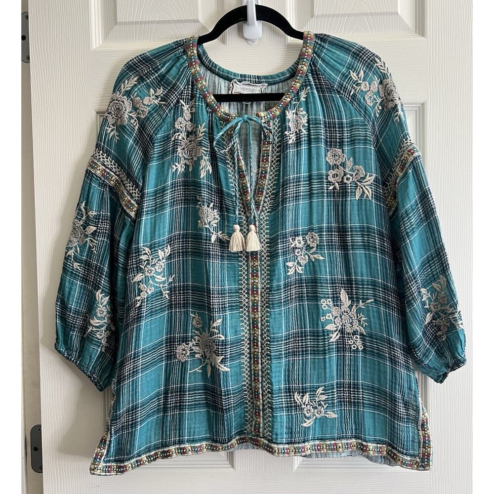 JOHNNY WAS Cotton Blend Gauze Blue Plaid Embroidered Tassel Tunic Blouse Top M
